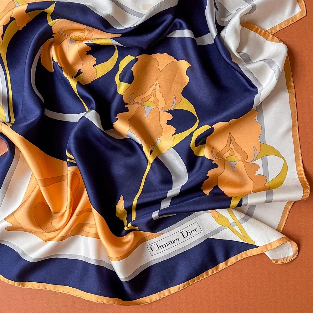 Vintage Christian Dior Silk Scarf With Orange Iris Print - Picture 4 of 10